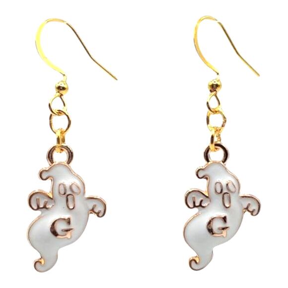 White & Gold Ghost Earrings | Spooky Halloween Jewelry - Picture 1 of 4